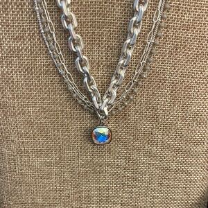 Pink Panache Layered Silver Necklace with Iridescent Pendant